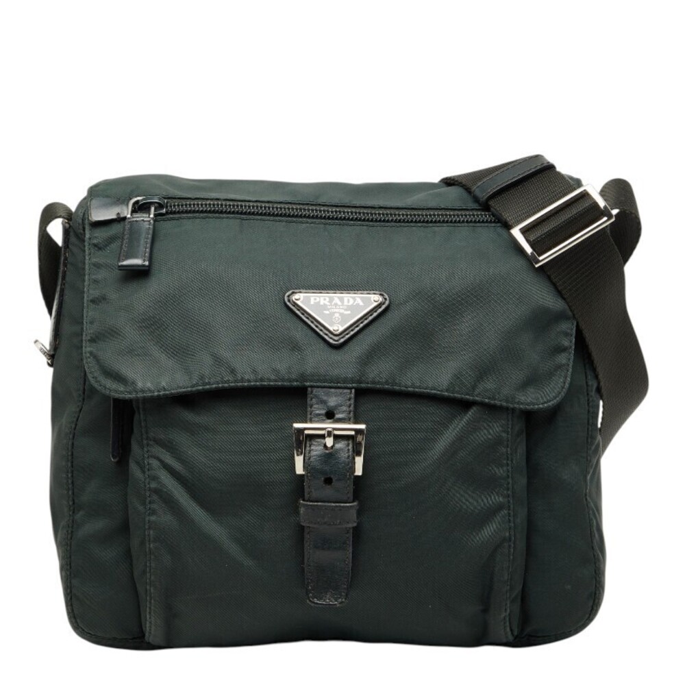 Prada Triangle Plate Crossbody Bag Green Leather